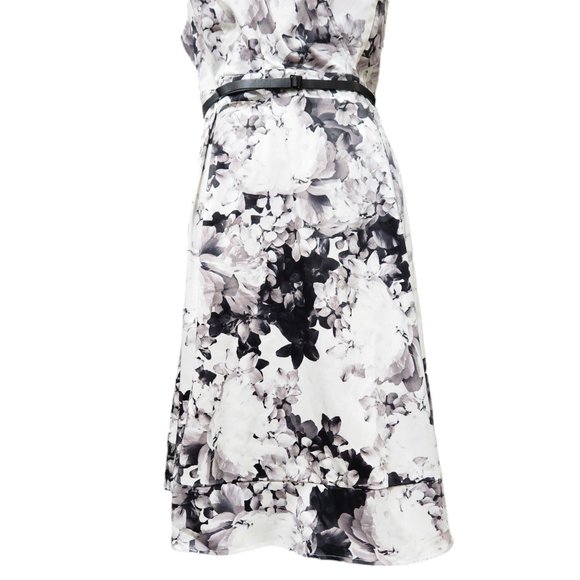 NWT Lane Bryant Black Gray White Floral Surplice Fit Flare Stretch w/ Belt 18 - Picture 6 of 10